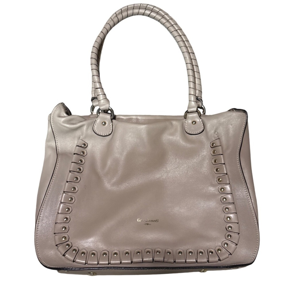 Cavalcanti Genuine Leather Tote‎ Bag Taupe Studded Trim Top Handle